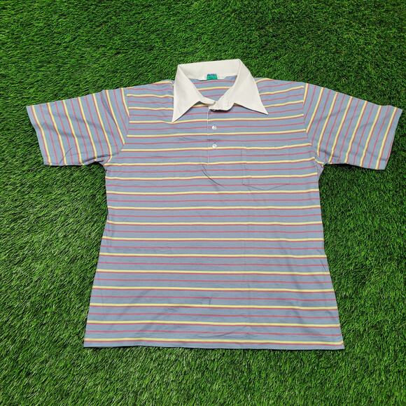 VTG 70s Disco Slim Fit Polo Shirt Large Dagger Collar Striped Big Collar - Picture 1 of 9